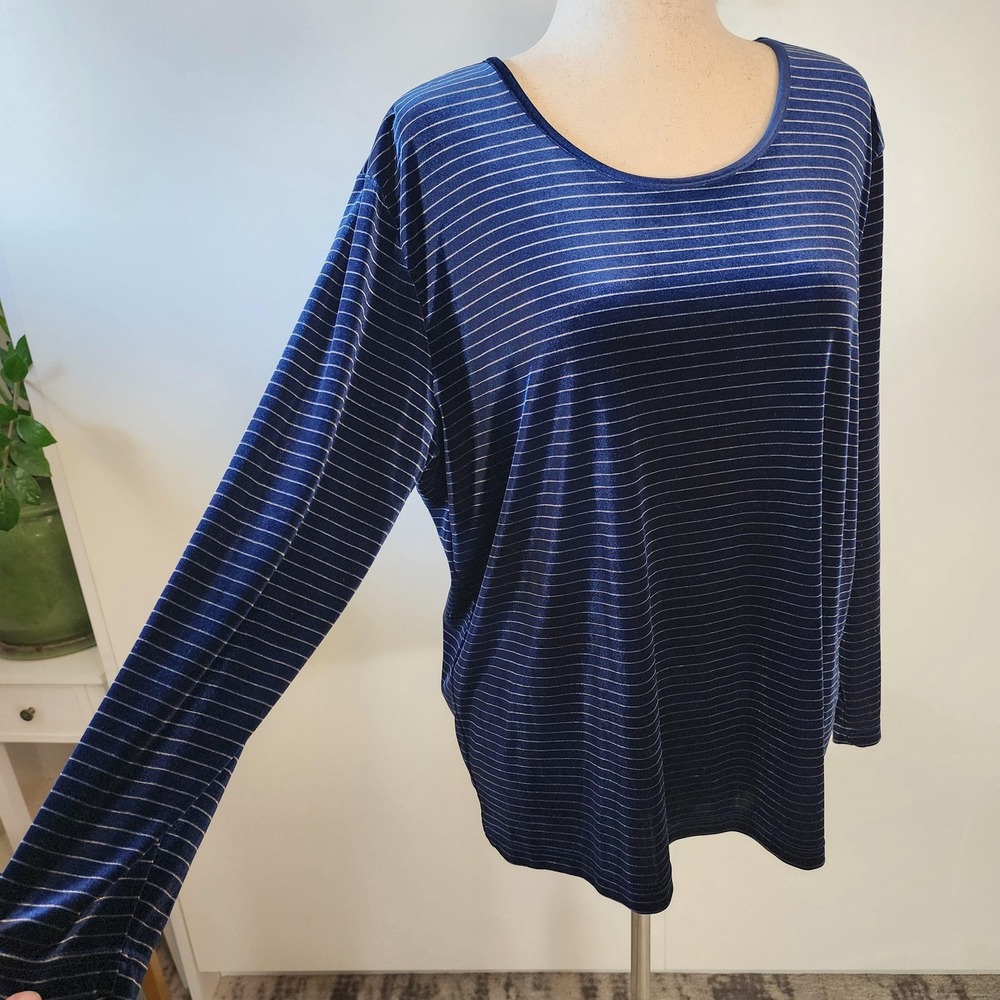Plus Size Blue velvet and metallic silver thin horizontal stripes